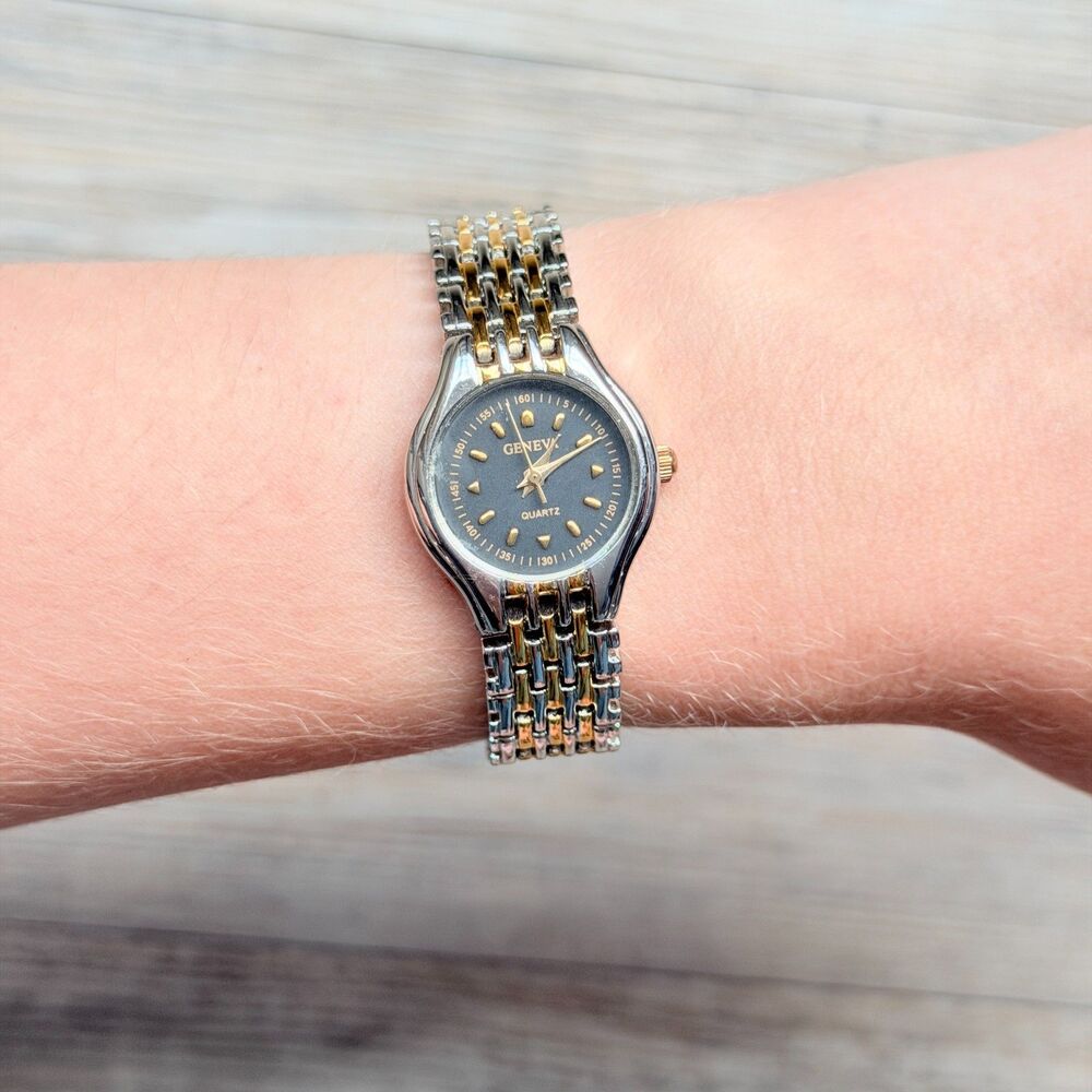 Geneva Vintage Dainty Cocktail Watch Two Tone Gold Silver Black Dial Small